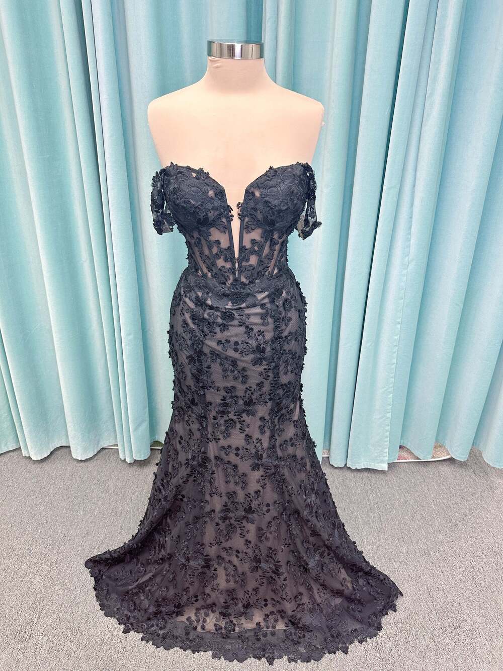 Black Floral Lace Mermaid Wedding Dress with Off-the-Shoulder Illusion Corset